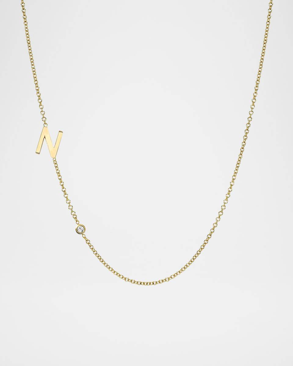 14k Gold Asymmetrical Initial and Bezel Diamond Necklace